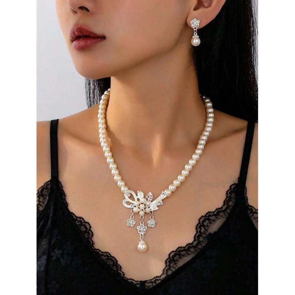 Floral Tassel Glass Pearl Necklace Earrings Set Y2K Minimalist